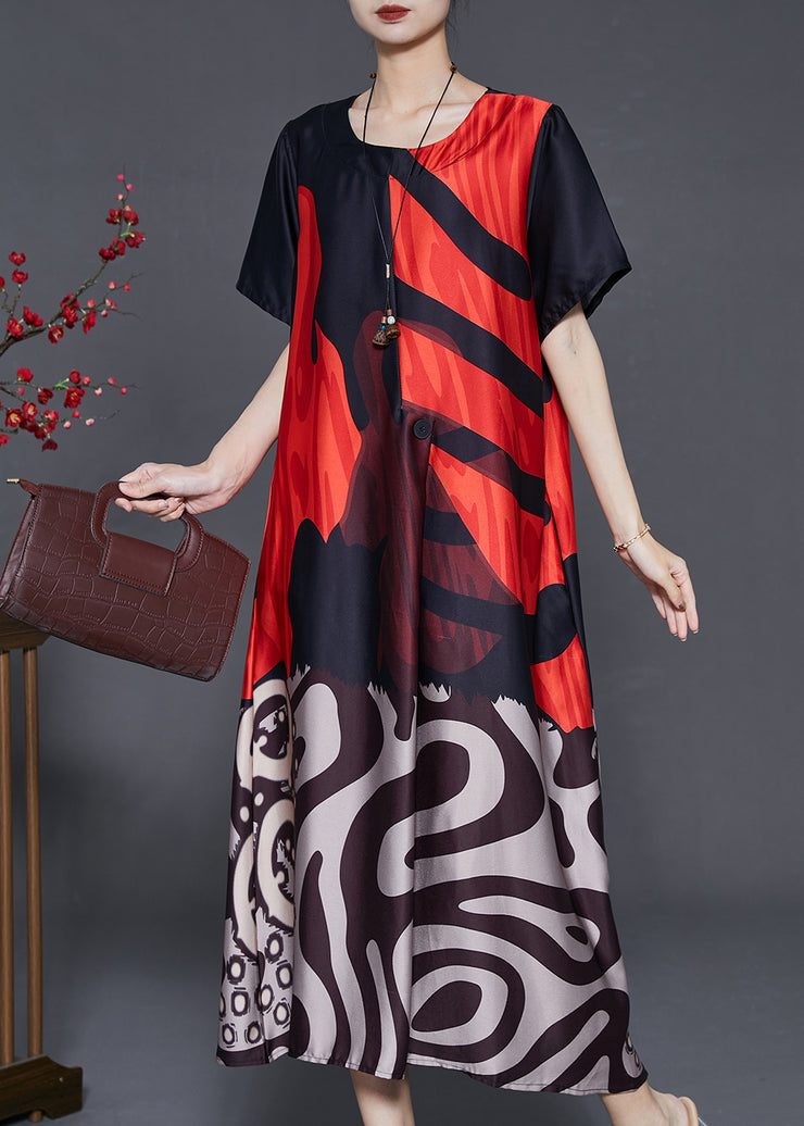 Casual Red Oversized Print Silk Holiday Dress Summer