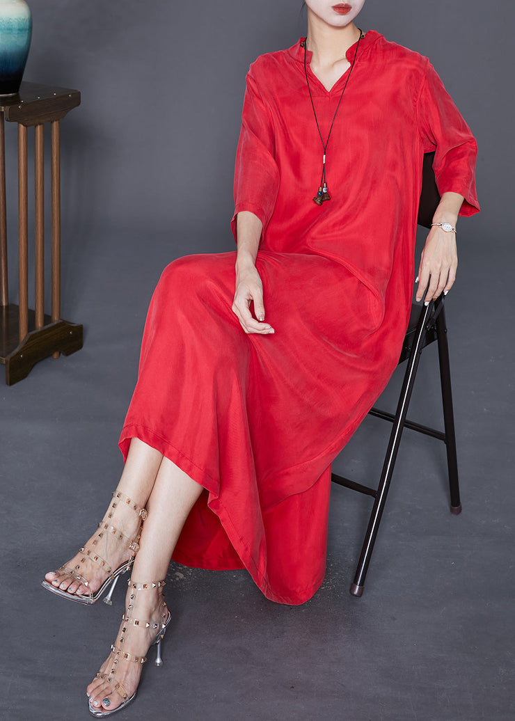 Casual Red Oversized Side Open Silk Dresses Bracelet Sleeve