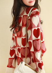 Casual Red Oversized Thick Loving Heart Print Knit Pullover Spring