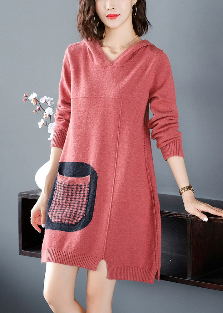 Casual Red Patchwork Knitted Cotton Thread Hooded Sweater Dress Fall