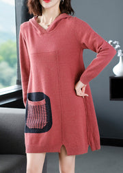 Casual Red Patchwork Knitted Cotton Thread Hooded Sweater Dress Fall