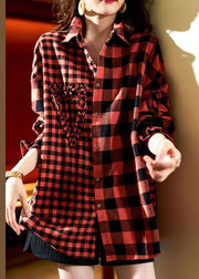 Casual Red Plaid Button Heart Patchwork Cotton Shirts Top Spring