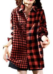 Casual Red Plaid Button Heart Patchwork Cotton Shirts Top Spring