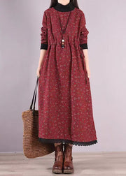 Casual Red Print Drawstring Patchwork Warm Fleece Dresses Winter