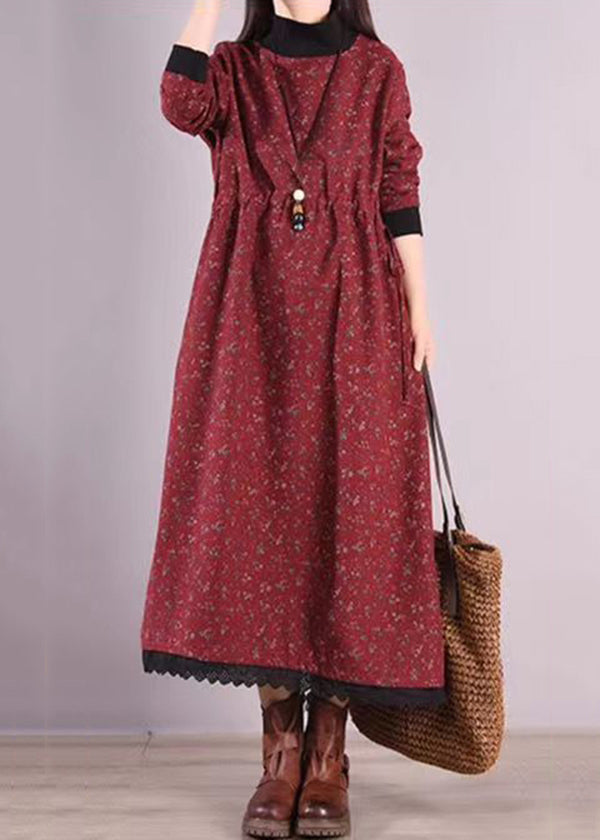 Casual Red Print Drawstring Patchwork Warm Fleece Dresses Winter