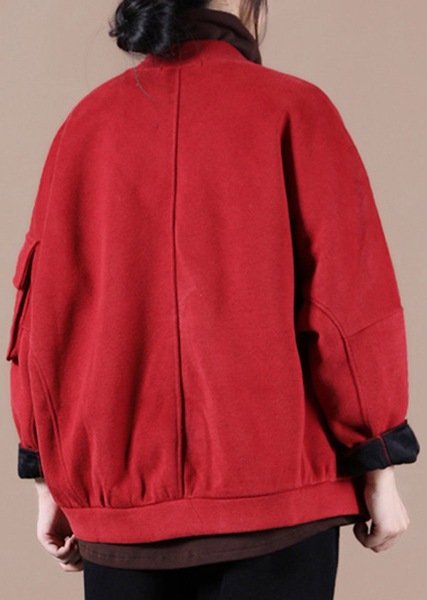 Casual Red Stand Collar Pockets Warm Fleece Jacket Winter