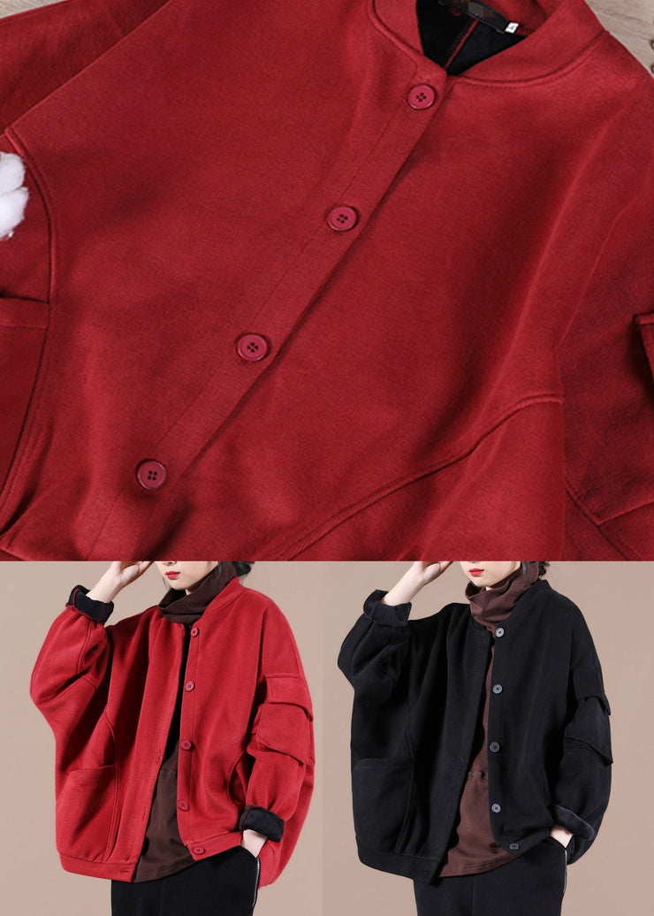 Casual Red Stand Collar Pockets Warm Fleece Jacket Winter