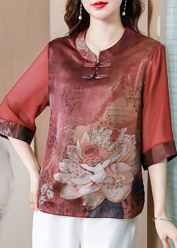 Casual Red Stand Collar Print Patchwork Silk Blouses Summer