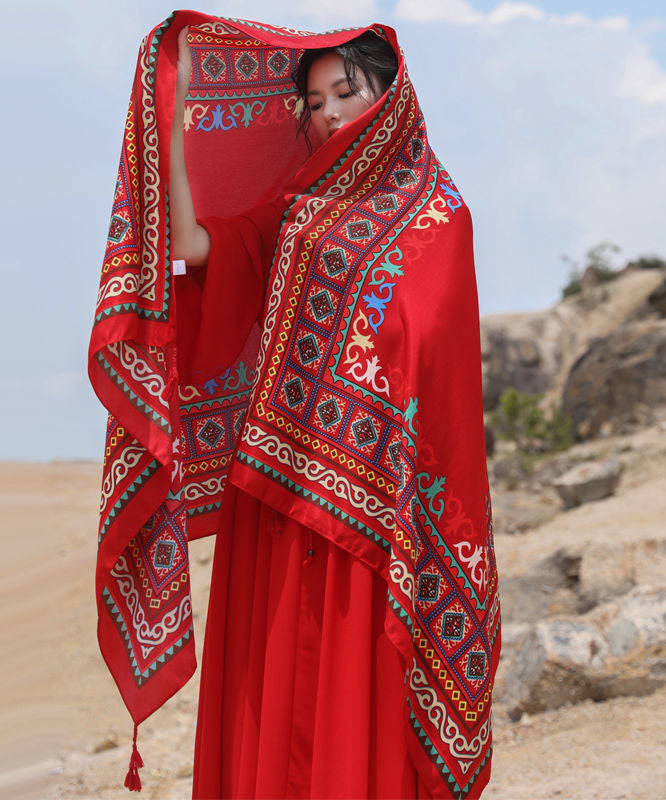 Casual Red Tasseled Print Cotton Travelling Scarf