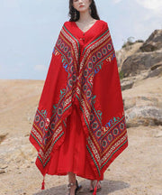 Casual Red Tasseled Print Cotton Travelling Scarf