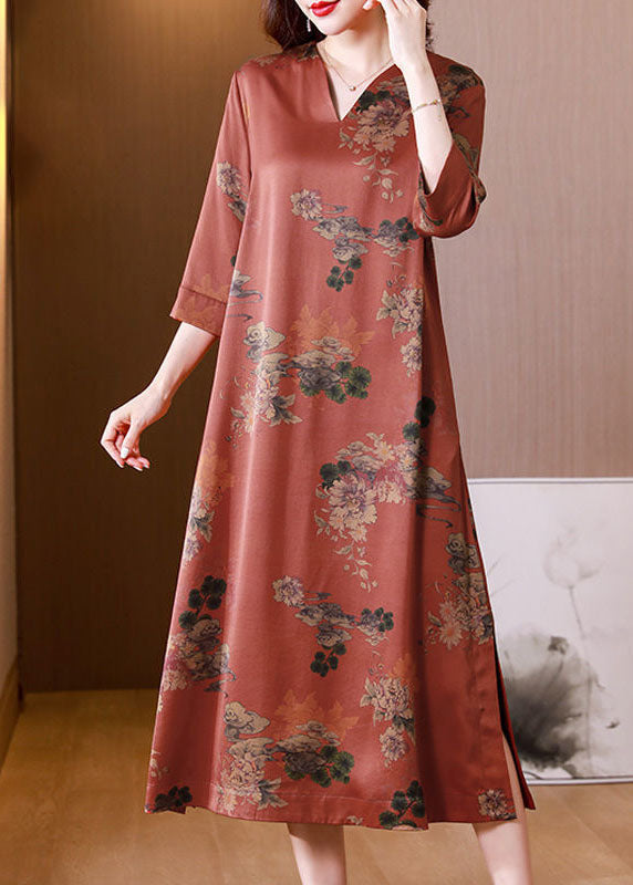 Casual Red V Neck Print Side Open Silk Long Dress Half Sleeve