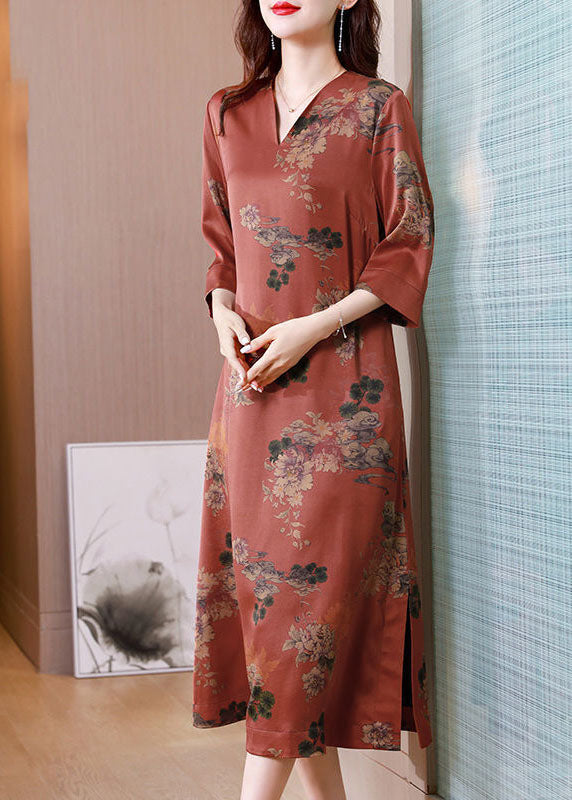 Casual Red V Neck Print Side Open Silk Long Dress Half Sleeve