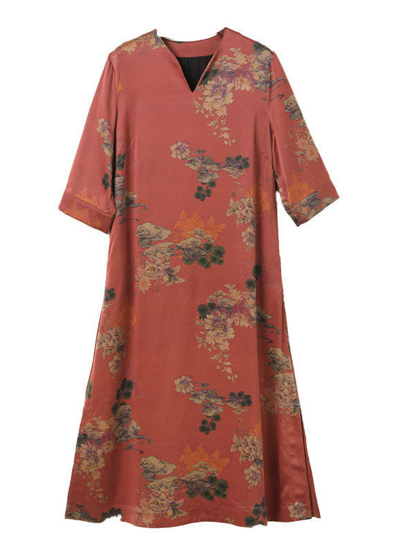 Casual Red V Neck Print Side Open Silk Long Dress Half Sleeve