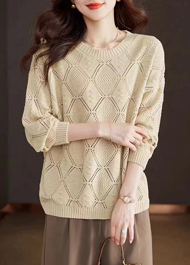 Casual Rose O-Neck Hollow Out Cotton Knitted Sweaters Fall