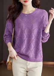 Casual Rose O-Neck Hollow Out Cotton Knitted Sweaters Fall