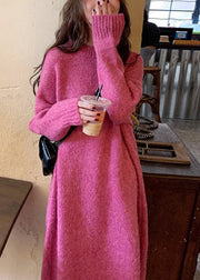 Casual Rose O-Neck Thick Cozy Loose Knit Sweater Dress Winter