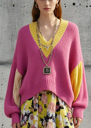 Casual Rose Oversized Patchwork Warm Knit Sweaters Fall