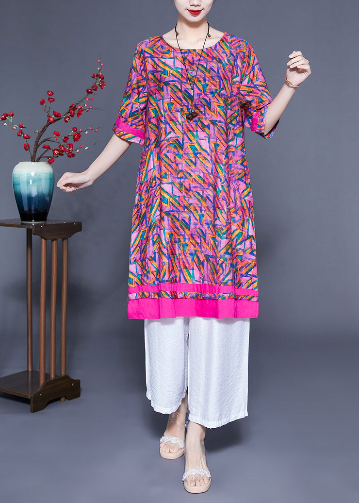 Casual Rose Oversized Print Linen Silk Robe Dresses Summer