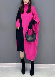 Casual Rose Turtleneck Asymmetrical Patchwork Cotton Knit Long Dress Fall