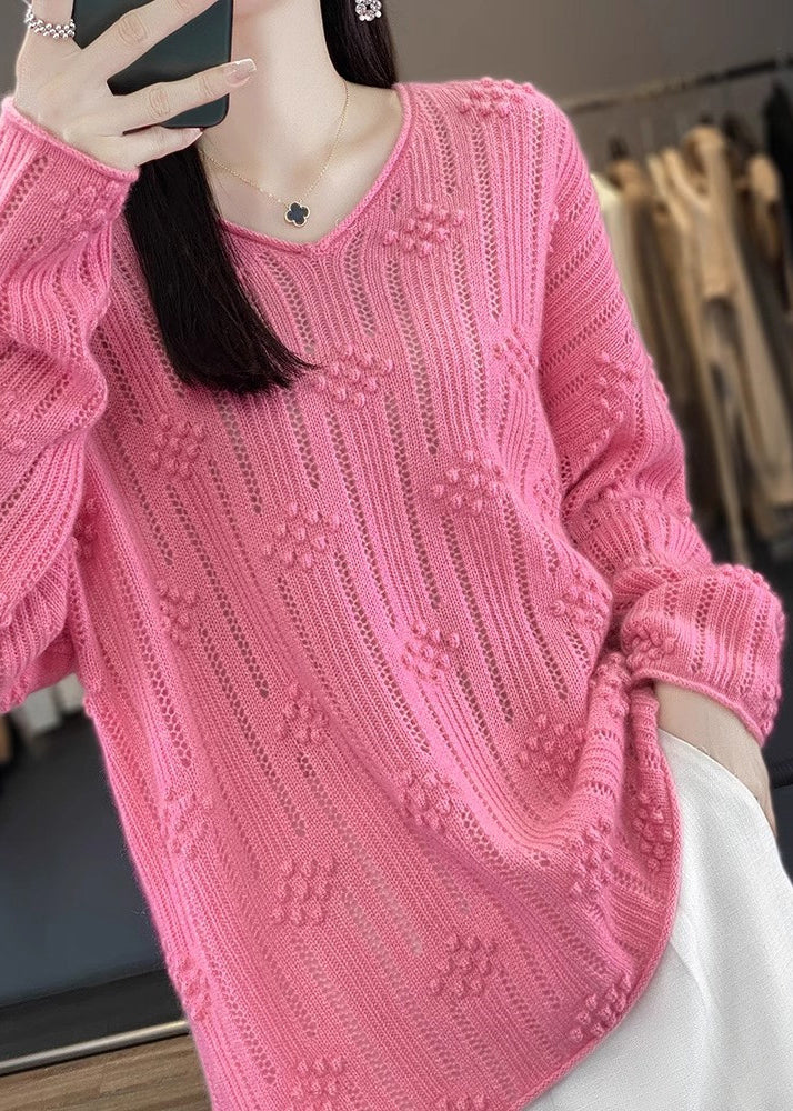 Casual Rose V Neck Hollow Out Cotton Knit Sweaters Fall