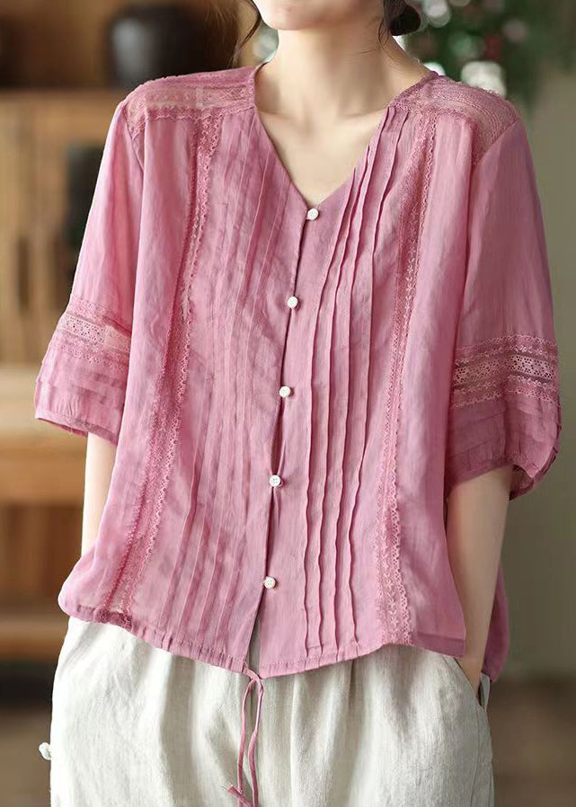 Casual Rose V Neck Wrinkled Patchwork Linen Shirt Top Summer