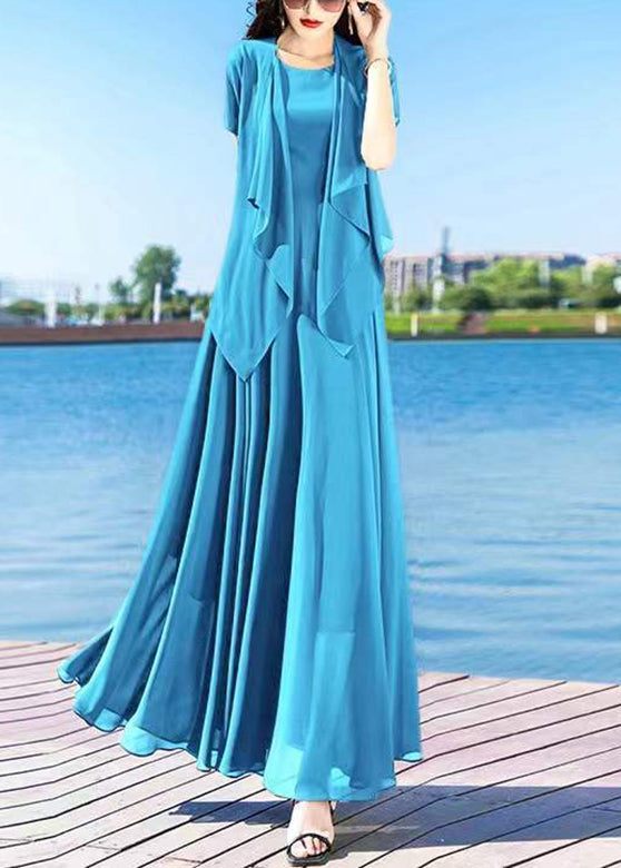 Casual Royalblue O-Neck Chiffon Cardigans And Long Dress Two Pieces Set Summer