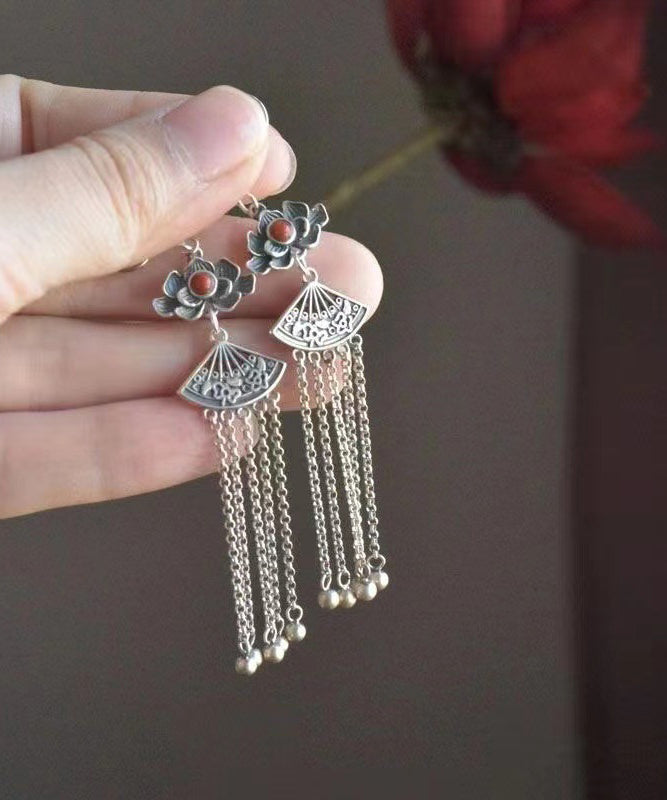 Casual Silk Sterling Silver Agate Floral Tassel Drop Earrings