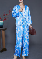 Casual Sky Blue Oversized Print Lace Up Silk Two Pieces Set Summer