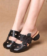 Casual Splicing Hollow Out Chunky Black Cowhide Leather Slide Sandals