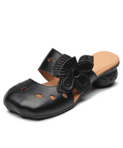 Casual Splicing Hollow Out Chunky Black Cowhide Leather Slide Sandals