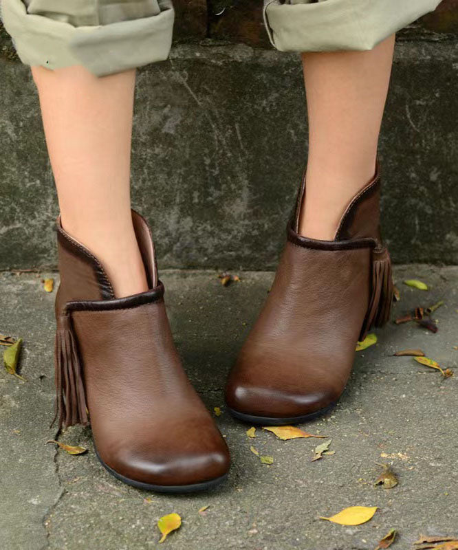 Casual Tassel Splicing Chunky Ankle Boots Brown Cowhide Leather