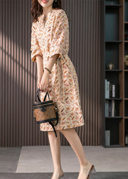 Casual V Neck Print Tie Waist Linen Long Dress Spring