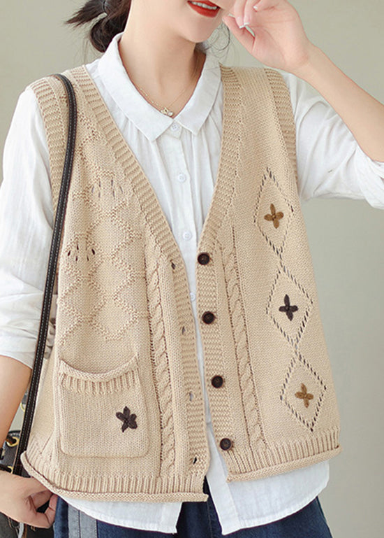 Casual Versatile Beige V Neck Embroideried Knit Vest Fall