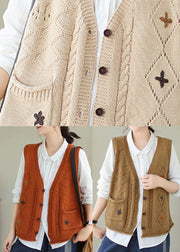 Casual Versatile Beige V Neck Embroideried Knit Vest Fall