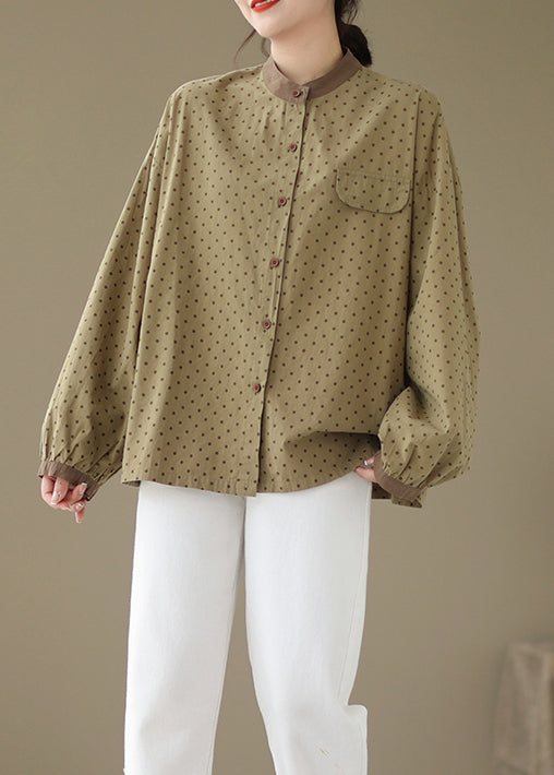 Casual Versatile Green Dot Print Plus Size Cotton Shirt Fall