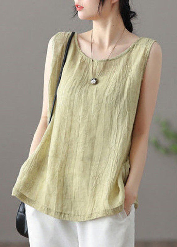 Casual Versatile Green O Neck Linen Tanks Sleeveless