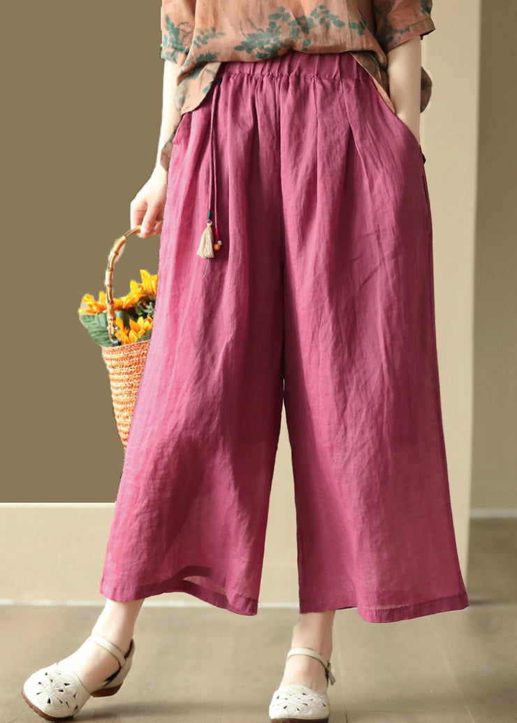 Casual Vintage Orange Tasseled Elastic Waist Linen Wide Leg Pants Summer