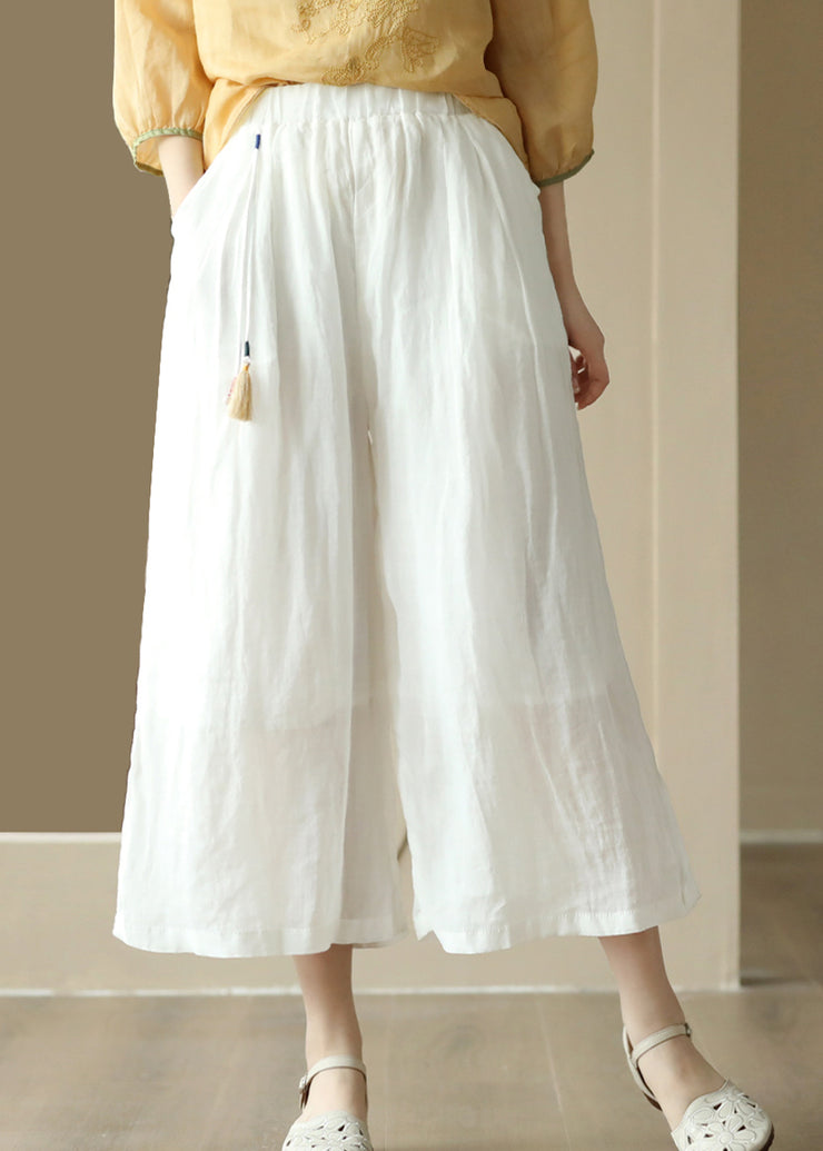 Casual Vintage Orange Tasseled Elastic Waist Linen Wide Leg Pants Summer