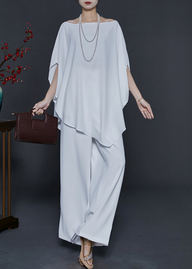 Casual White Asymmetrical Chiffon Two Piece Suit Set Batwing Sleeve