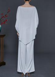 Casual White Asymmetrical Chiffon Two Piece Suit Set Batwing Sleeve