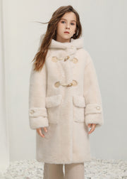 Casual White Button Kids Fuzzy Fur Hooded Maxi Coats Winter