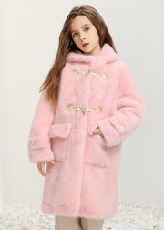 Casual White Button Kids Fuzzy Fur Hooded Maxi Coats Winter