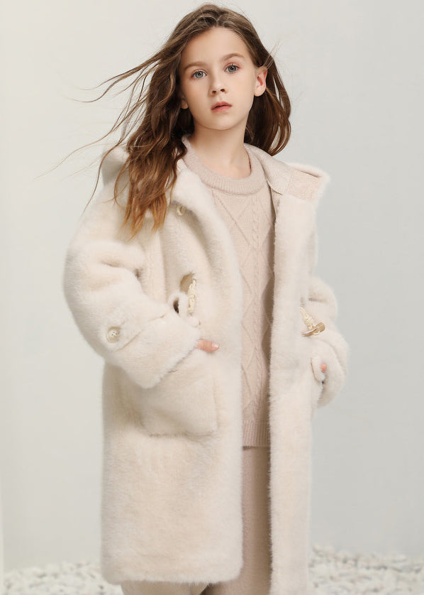 Casual White Button Kids Fuzzy Fur Hooded Maxi Coats Winter