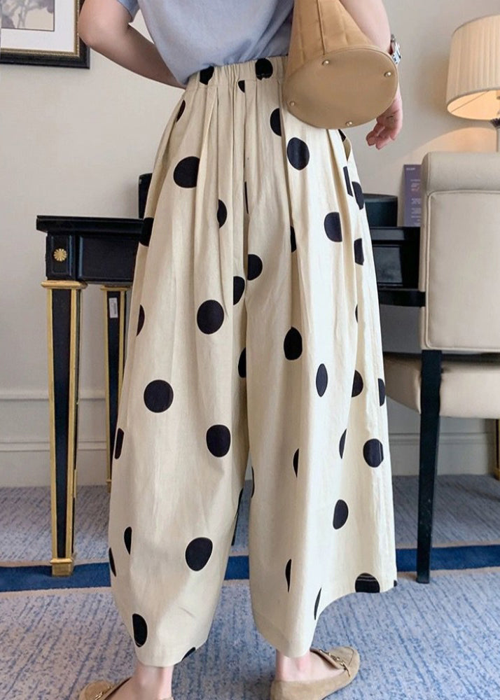 Casual White Dot Print Elastic Waist Crop Wide Leg Pants Summer