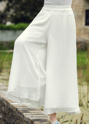 Casual White Elastic Waist Silk Wide Leg Pants Fall