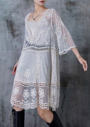 Casual White Embroidered Patchwork Tulle Dresses Summer