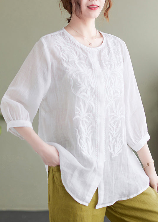 Casual White Embroideried Oversized Linen Shirt Summer