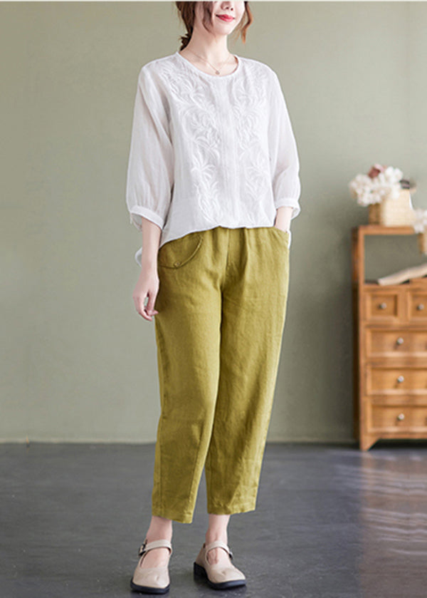 Casual White Embroideried Oversized Linen Shirt Summer