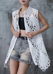 Casual White Hollow Out Lace Cardigan Sleeveless