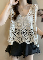 Casual White Hollow Out Oversized Knit Vests Summer